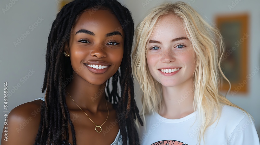 Two young women of different ethnicities, smiling at the camera, with a neutral background. Two young women of different ethnicities, smiling at the camera, with a neutral background.