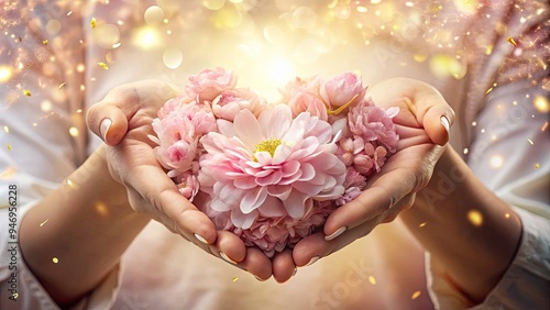 Tender arms envelop a delicate, blooming heart, surrounded by soft petals and warm light, exuding a sense of gentle, peaceful, and unconditional love and devotion.