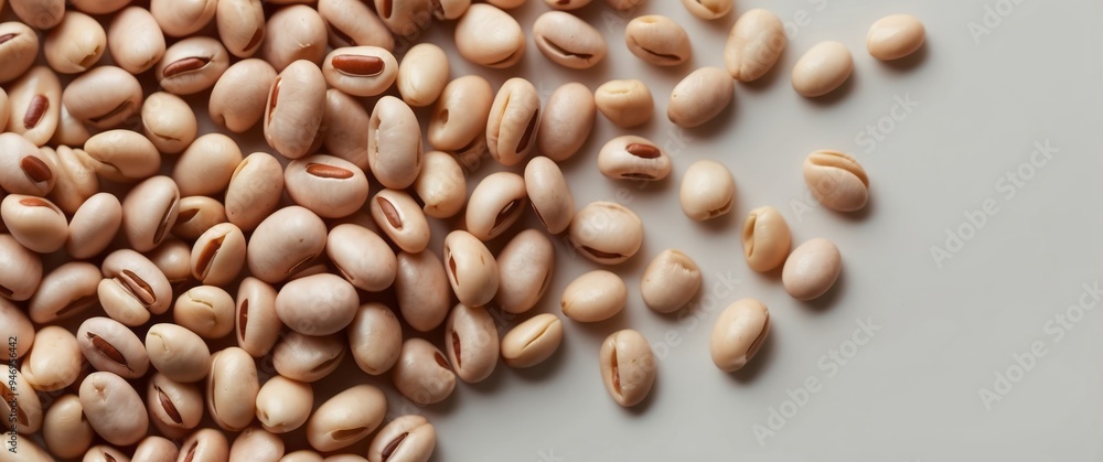 Close-up of White Kidney Beans Scattered on a White Surface Close-up of White Kidney Beans Scattered on a White Surface