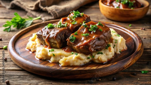 tender short ribs smothered in a rich brown gravy served alongside a fluffy mound of creamy mashed potatoes on a rustic wooden plate.