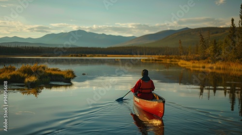 Fototapeta Naklejka Na Ścianę i Meble -  Adventurer canoeing across lake in wilderness during golden hour