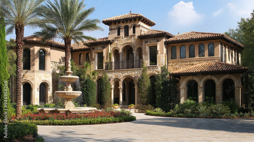 Fototapeta premium Luxury Mediterranean Villa with Fountain