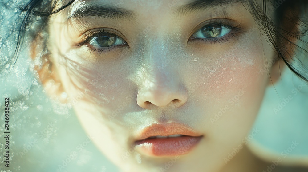 Close-up of a Woman's Face with Dewy Skin and Shimmering Eyes Close-up of a Woman's Face with Dewy Skin and Shimmering Eyes
