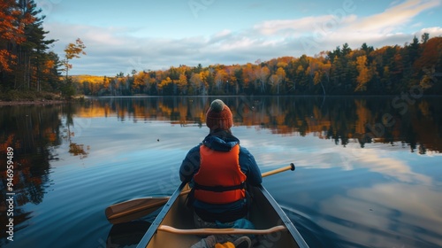 Adventurer canoeing in autumn forest reflection on tranquil lake photo