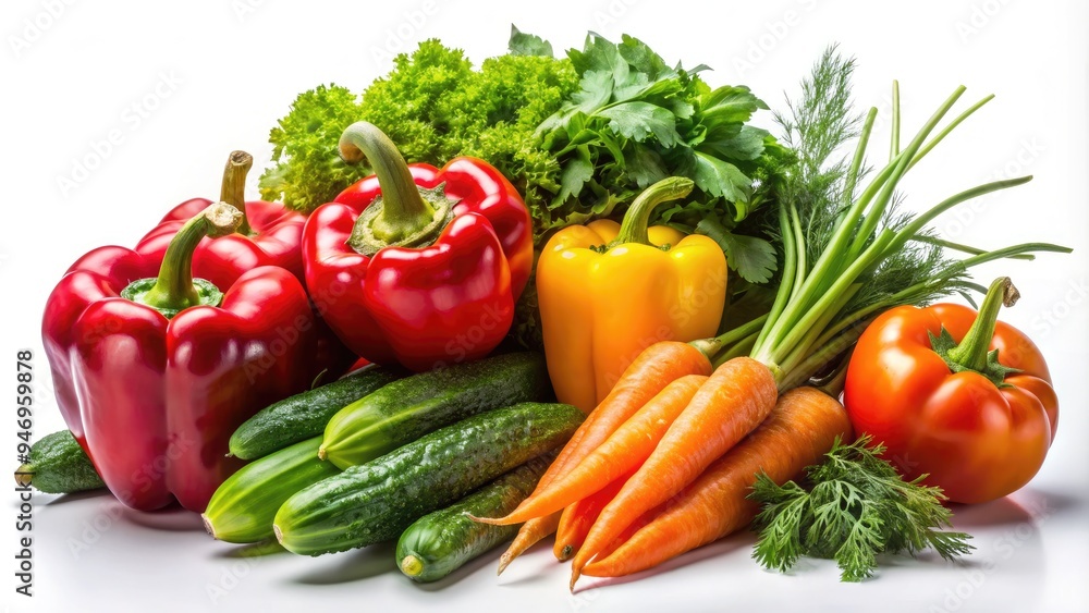 Vibrant arrangement of fresh vegetables including carrots, bell peppers, and cucumbers against a clean white background with subtle shadows and natural light. Vibrant arrangement of fresh vegetables including carrots, bell peppers, and cucumbers against a clean white background with subtle shadows and natural light.