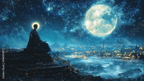 A serene scene of Khonsu embarking on his night journey across the heavens, depicted as a young man with a lunar disk on his head. He is surrounded by a gentle glow, guiding travelers and protecting photo