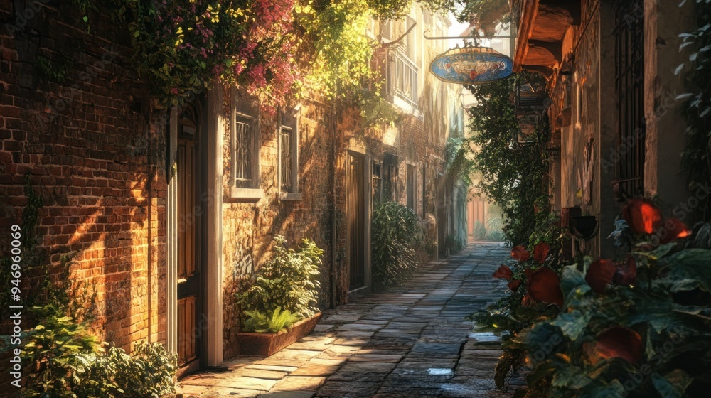 Sunlight Illuminates a Narrow, Cobblestone Alleyway in a European City Sunlight Illuminates a Narrow, Cobblestone Alleyway in a European City