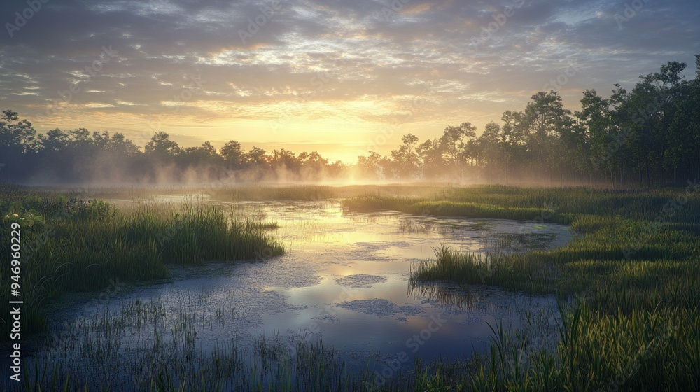 Fototapeta premium Misty Morning Sunrise Over a Serene Forest Lake