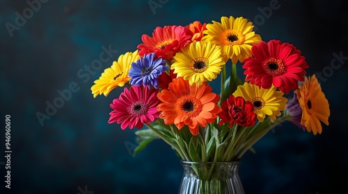 A vase with a chaotic arrangement of bright, mismatched flowers, symbolizing diversity and acceptance, against a dark background to emphasize contrast photo