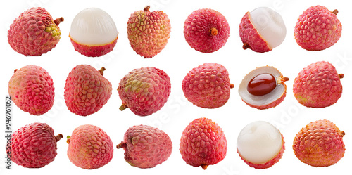 Assorted lychee fruits whole and cut open showing flesh isolated on transparent background photo