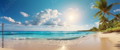 Tropical Beach Scene with Palm Trees and Waves