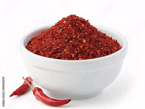 Ground red pepper in a white bowl, isolated on white background.