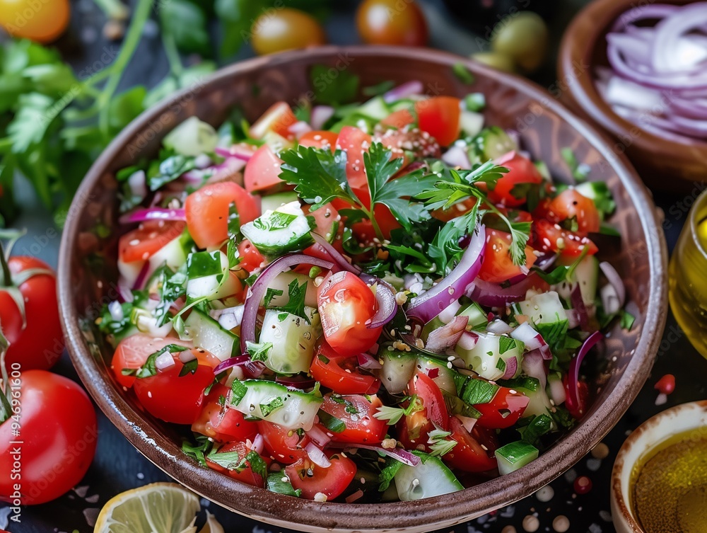 Fresh salad on the table with vibrant vegetables. Fresh salad on the table with vibrant vegetables.
