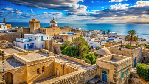 Vibrant blue Mediterranean waters lap against ancient stone walls and worn cobblestone streets of Tunis's historic medina, surrounded by arid desert landscape.
