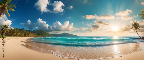 Tropical Beach Scene with Palm Trees and Waves at Sunset