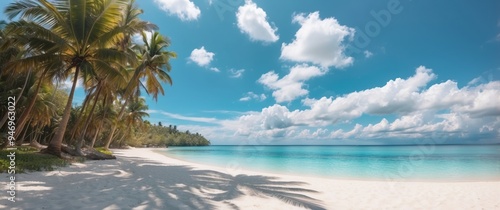 Palm Trees on a Tropical Beach with Clear Blue Water and White Sand