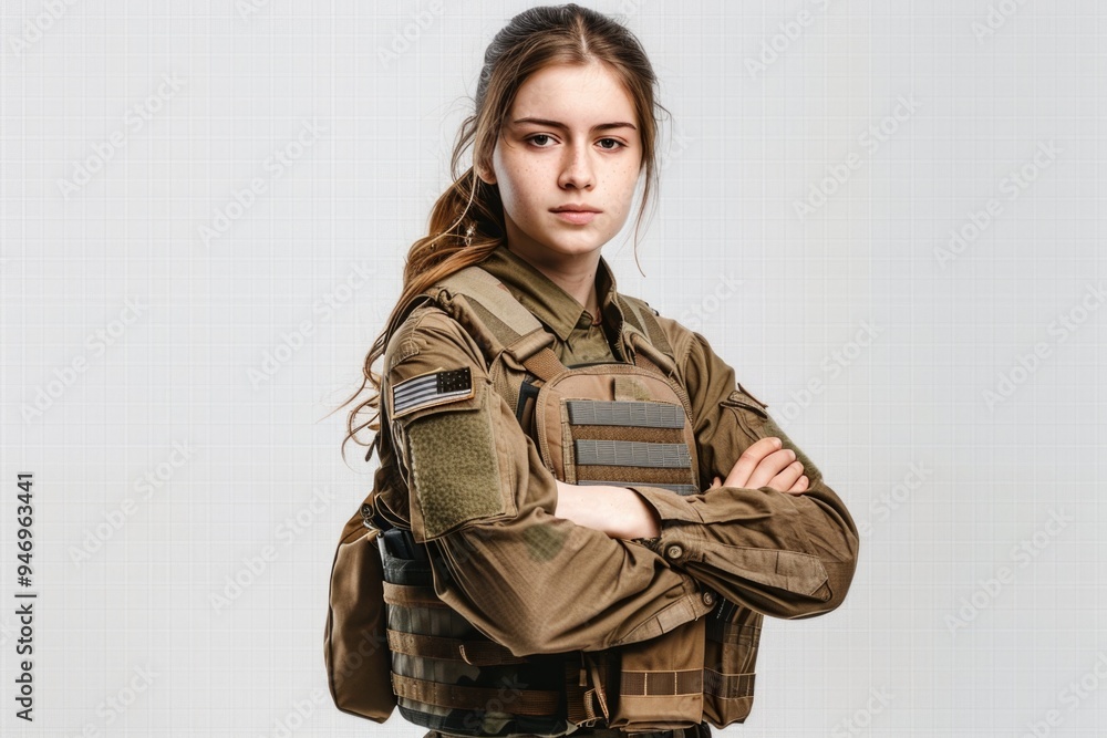 Portrait of a woman wearing a military uniform, posing confidently Portrait of a woman wearing a military uniform, posing confidently