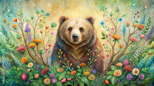 Vibrant colored pencils illustration of a majestic bear emerging from a whimsical forest, surrounded by blooming flowers and delicate leaves, on a textured paper background. photo