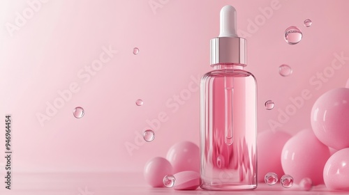 Pink Dropper Bottle with Bubbles on Pink Background