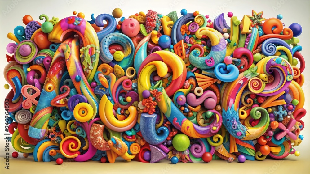 Fototapeta premium Vibrant, colorful letters and shapes swirl together to form a mesmerizing, abstract alphabet, evoking creativity and imagination in a whimsical, artistic representation.