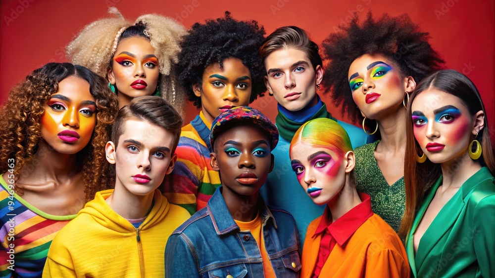 Vibrant colors and eclectic styles blend as youthful faces from diverse generations confidently showcase their unique makeup looks and bold fashion statements. Vibrant colors and eclectic styles blend as youthful faces from diverse generations confidently showcase their unique makeup looks and bold fashion statements.