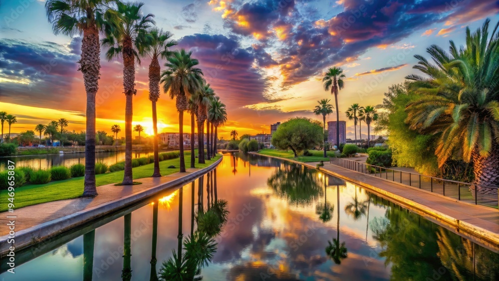 Vibrant colors illuminate the Arizona Canal Trail at sunset, showcasing Tempe's serene natural beauty amidst lush greenery and towering palm trees.