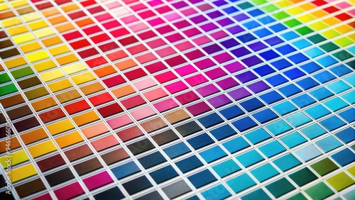 Vibrant color swatches of cyan, magenta, yellow, and key/black on a white background, arranged in a grid with precise registration marks for printing accuracy. photo