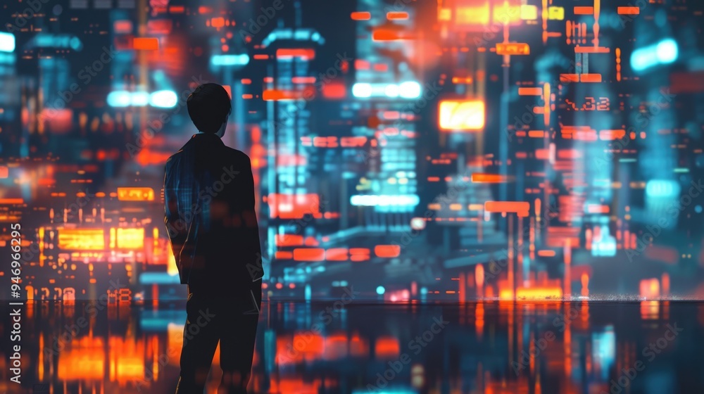A person stands alone in front of a city skyline at night, looking out over the lights A person stands alone in front of a city skyline at night, looking out over the lights