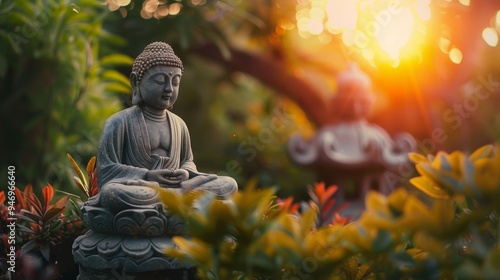 A peaceful Buddha statue is surrounded by vibrant garden foliage, bathed in the golden light of sunset, creating a tranquil, spiritual scene..