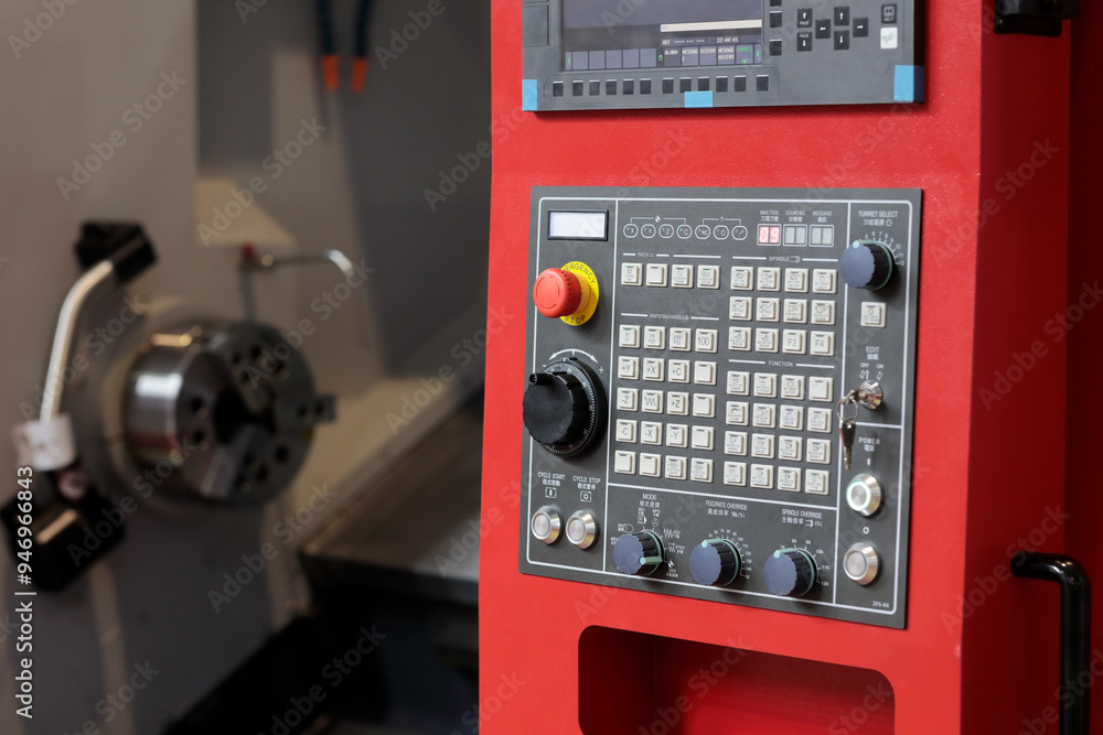 Fototapeta premium metalworking slant bed CNC lathe machine close up