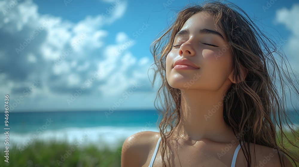 Woman with closed eyes enjoying the summer breeze on the beach. Woman with closed eyes enjoying the summer breeze on the beach.