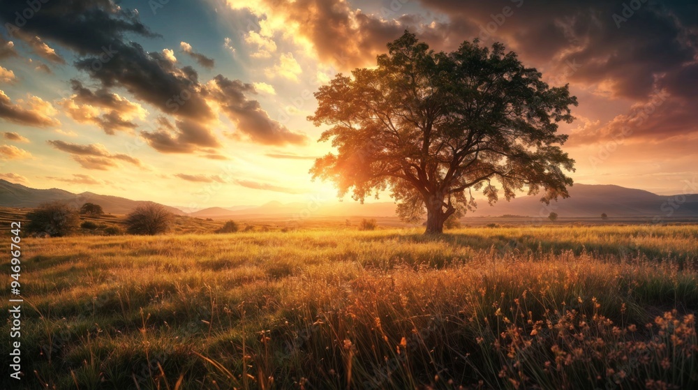 Fototapeta premium A breathtaking sunset illuminates a solitary tree in a vast golden field, creating a serene and picturesque landscape..
