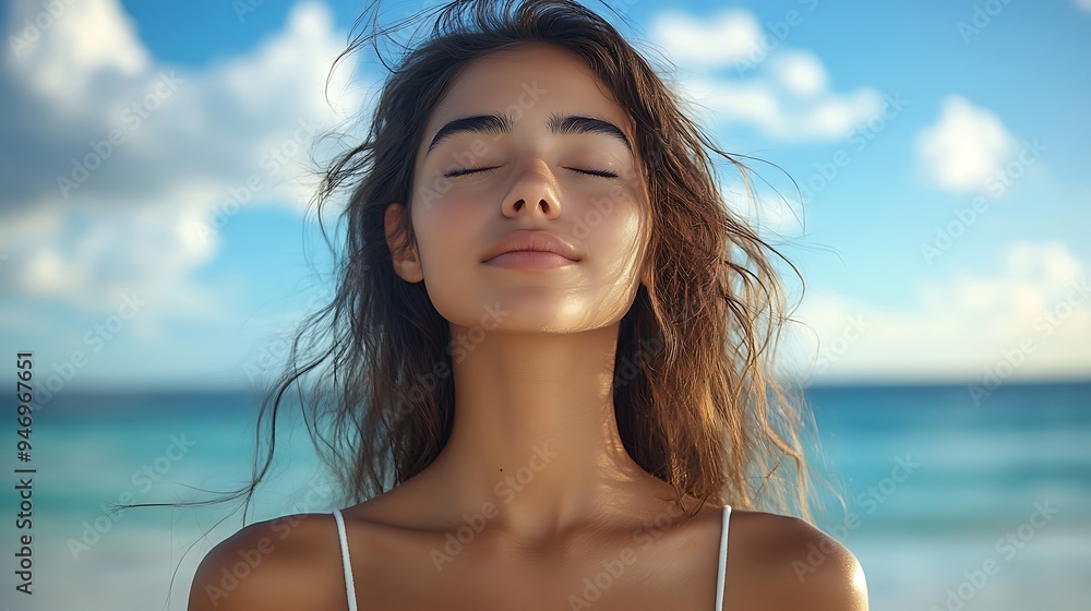Woman with closed eyes enjoying the breeze on a beach. Woman with closed eyes enjoying the breeze on a beach.