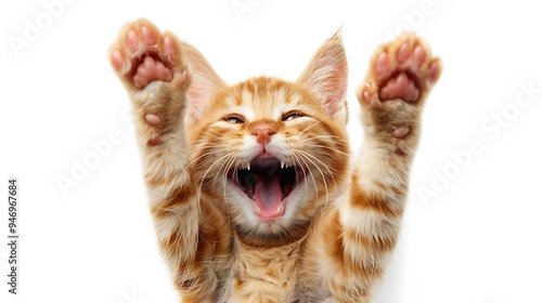 A playful orange kitten with its mouth open, raising its paws in an adorable pose.