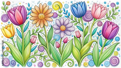 Vibrant doodle illustration of blooming spring flowers, including tulips, daisies, and hyacinths, surrounded by whimsical swirls and leaves in pastel colors on a white background. photo