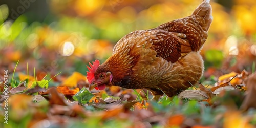 Hedemora hen foraging for food in grass and leaves photo