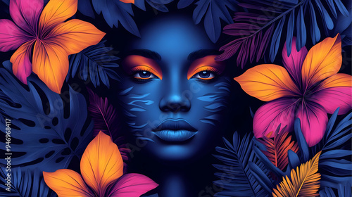 Blue Woman with Tropical Flowers and Leaves Abstract Portrait