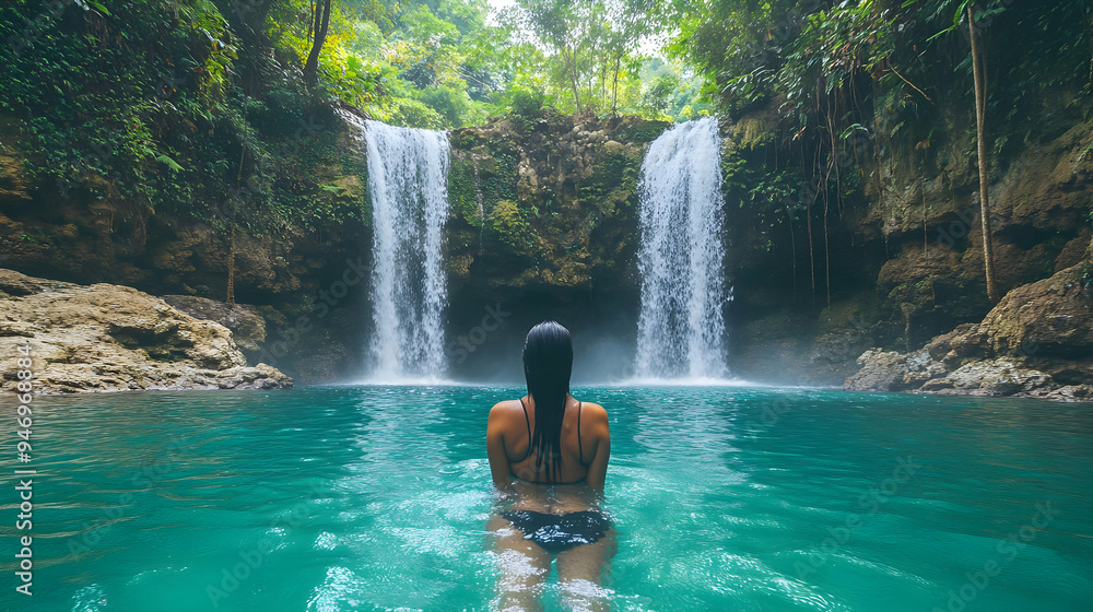 Woman Swimming in a Tropical Waterfall Pool Woman Swimming in a Tropical Waterfall Pool