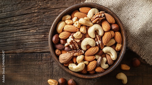 A bowl of assorted nuts including almonds, cashews, and walnuts, arranged on a rustic table