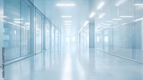 Modern Office Corridor with Glass Walls and Bright Lights