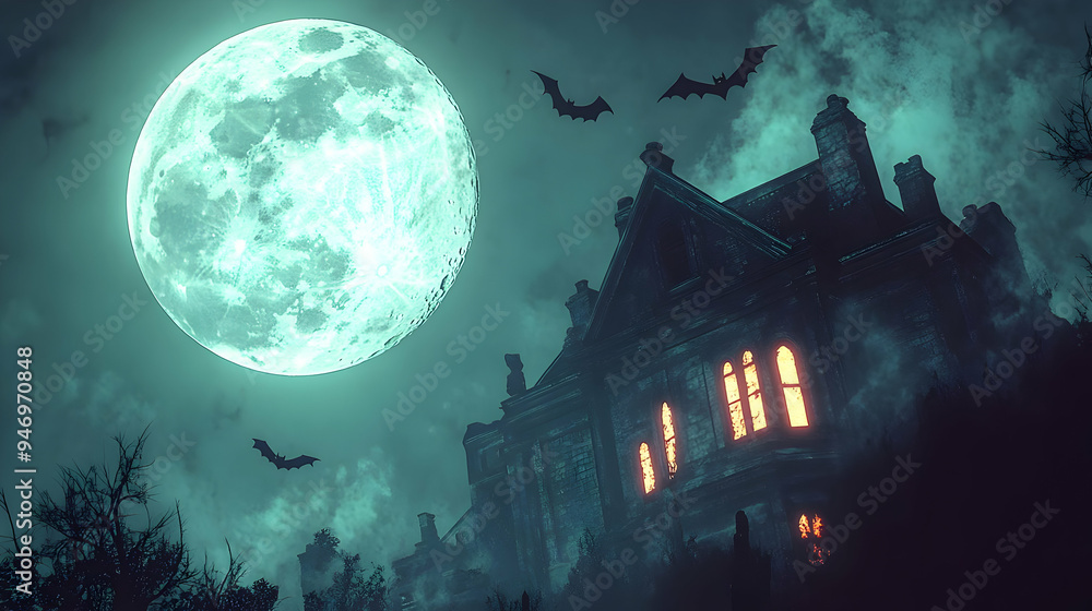 Haunted Mansion with Full Moon and Bats Haunted Mansion with Full Moon and Bats