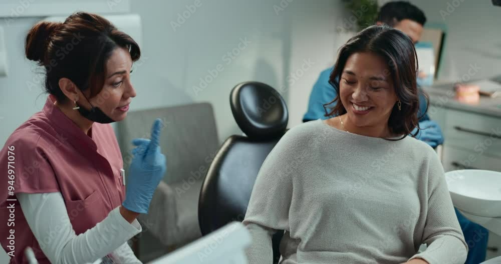 Nurse, doctor and patient at dentist appointment in checkup or procedure in hospital or oral care clinic. Happy people, done and smile with dental hygienist for teeth cleaning or root canal treatment Nurse, doctor and patient at dentist appointment in checkup or procedure in hospital or oral care clinic. Happy people, done and smile with dental hygienist for teeth cleaning or root canal treatment