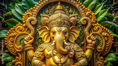 Wallpaper Mural Vibrant golden statue of revered Hindu deity with elephant head and four arms, surrounded by intricately carved foliage and ornate decorative patterns. Torontodigital.ca