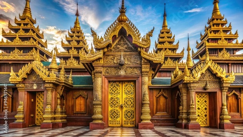 Vibrant gold-leaf adorned temples and intricate carved wooden doors showcase the rich cultural heritage and spiritual traditions of ancient Myanmar's ornate architectural legacy. photo