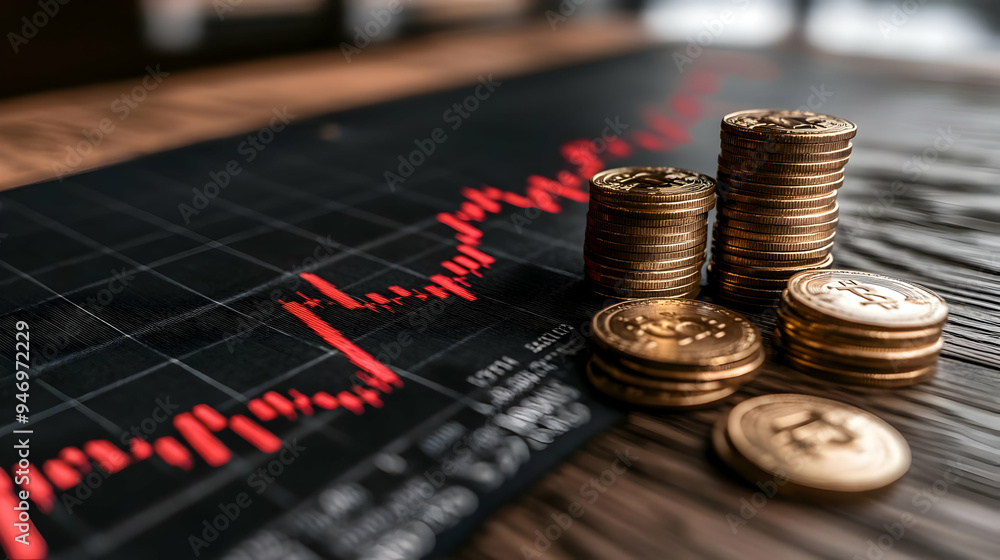 Bitcoin Cryptocurrency Coins on a Red Stock Market Graph Chart Bitcoin Cryptocurrency Coins on a Red Stock Market Graph Chart