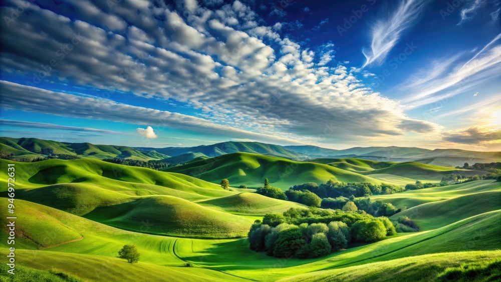 Vibrant green rolling hills stretch towards a serene blue sky with wispy clouds, creating a peaceful and idyllic natural scenery with a sense of tranquility.