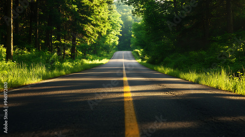 A paved road winds through a lush green forest, with sunlight streaming through the trees. The yellow line down the center of the road leads the eye toward the horizon.