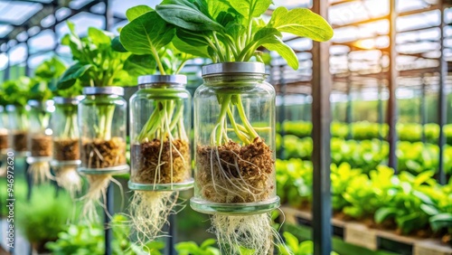 Vibrant green plant roots thrive in a nutrient-rich hydroponic system, suspended in a transparent container, showcasing a futuristic and sustainable method of urban agriculture. photo