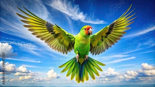 Vibrant green parakeet spreads colorful wings, soaring through bright blue sky with feathers ruffled, freedom and joy radiating from its swift, effortless flight. photo