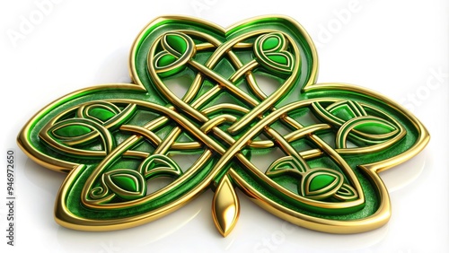 Vibrant green shamrock with intricate Celtic knot patterns and golden accents, symbolizing good luck and Irish heritage, set against a bright white background. photo